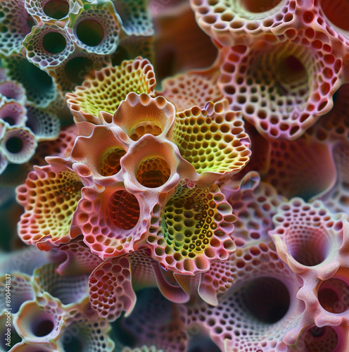 a weird colourful plant . Its surfaces are covered in a repeating pattern of intricate, honeycomb-like structures, each containing small, rounded protrusions，with some seeds in the protrusions. photo