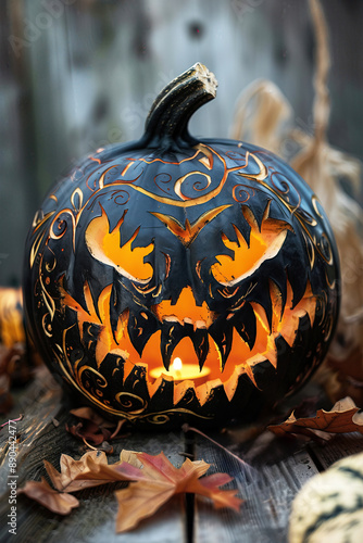 Black pumpkin with intricate carvings and glowing face photo