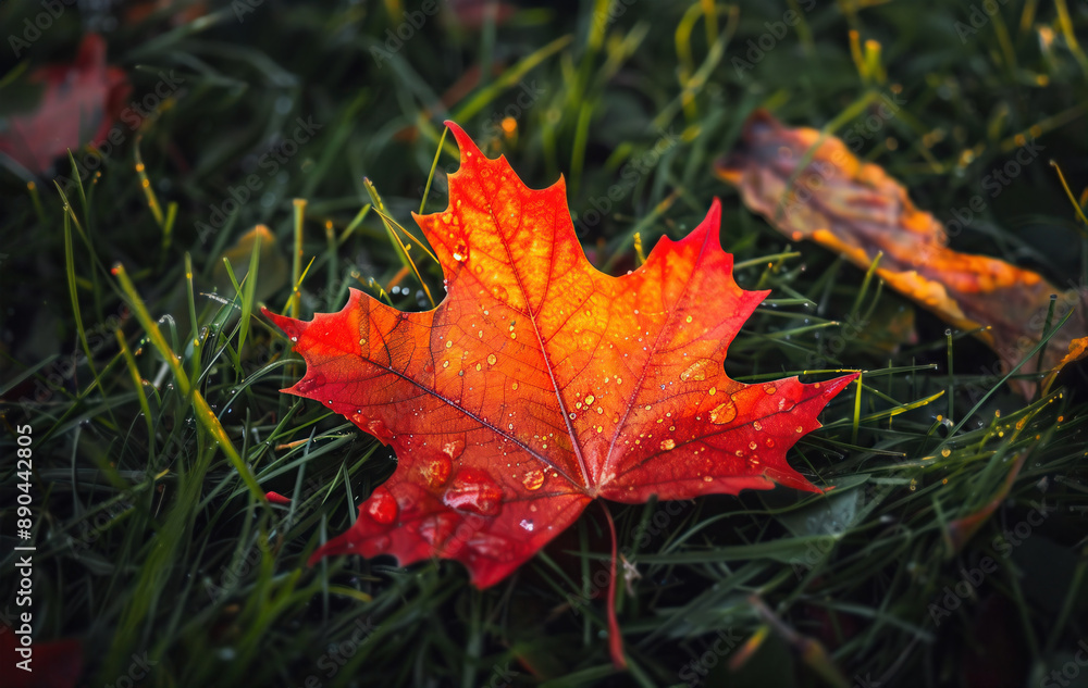 Single maple leaf in vibrant red and orange hues Single maple leaf in vibrant red and orange hues