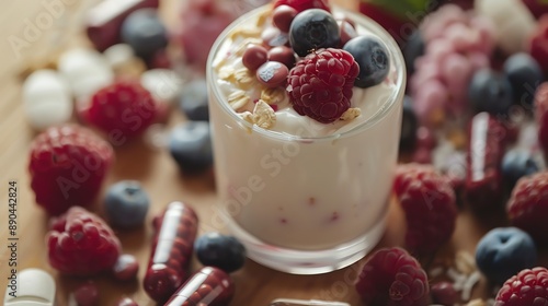 Closeup of probiotic capsules with a yogurt parfait in the background