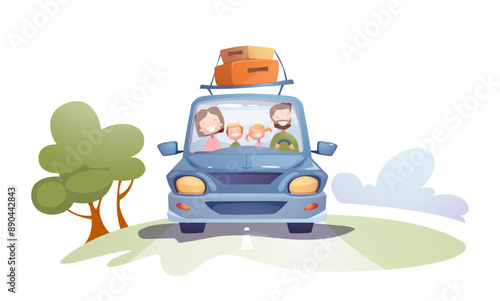 Happy family travel by car. Parents with children go on outdoor road trip in vehicle. People in auto have adventure on summer holidays or vacation. Cartoon vector illustration isolated on background