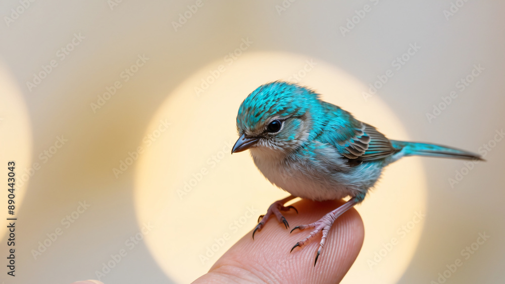 Obraz premium Baby bird sitting on human finger.
