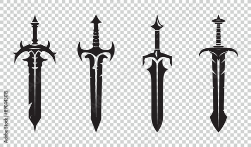 Flat Sword Icons Set - Different Vector Illustrations Isolated On Transparent Background