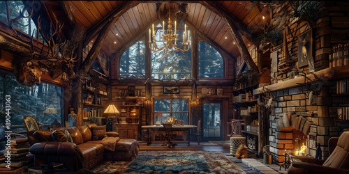 The Rustic Retreat: A cabin in the woods, featuring log cabin decor, furry blankets, and antler chandeliers. © Lila Patel
