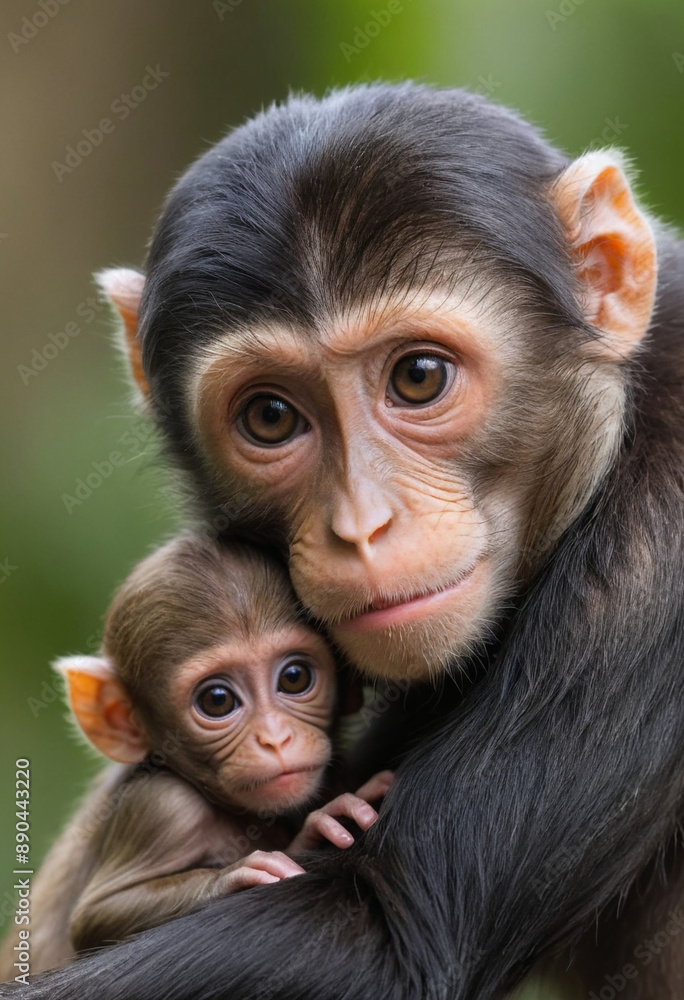 A curious baby monkey peeking out from behind its mother. A curious baby monkey peeking out from behind its mother.