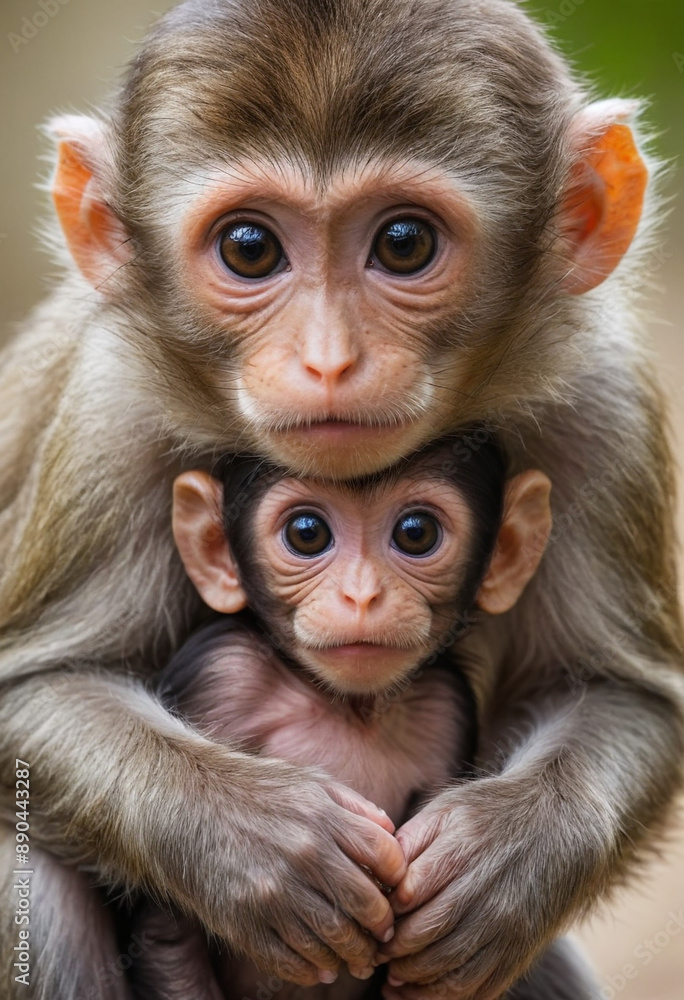 A curious baby monkey peeking out from behind its mother. A curious baby monkey peeking out from behind its mother.