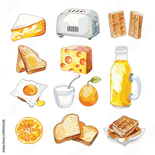 Watercolor Breakfast Food Illustration Set. Toaster, Toast, Cheese, Waffles, Orange, Egg, Yogurt