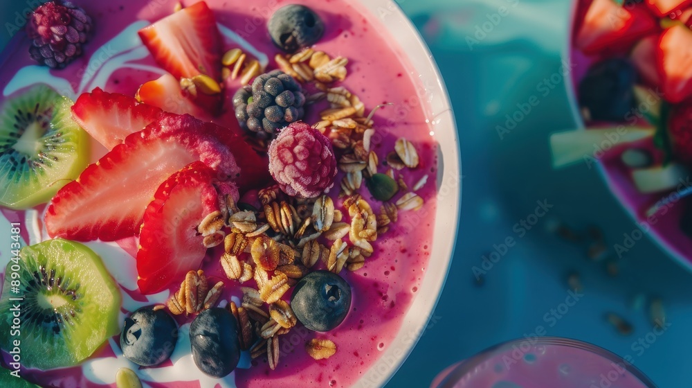 Naklejka premium Pink smoothie bowl is presented on a blue table, containing granola, strawberries, blueberries, kiwi, and blackberries, topped with yogurt