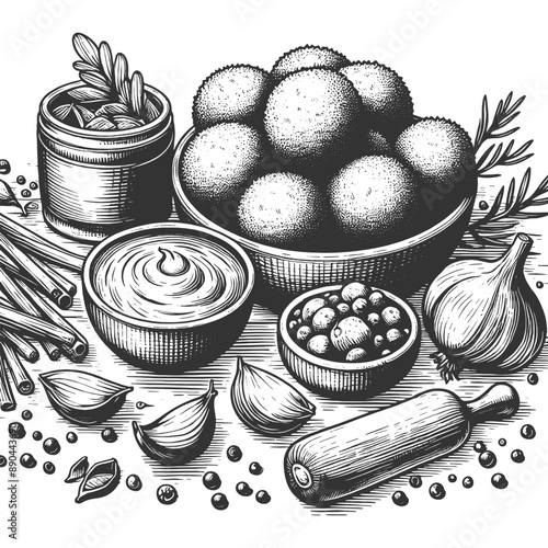 meatball ingredients, including garlic, meat sauce, herbs, and spices sketch engraving generative ai vector illustration. Scratch board imitation. Black and white image.