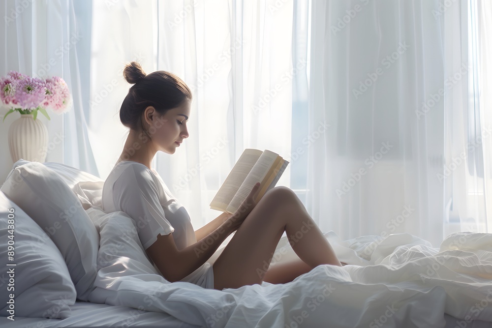 Woman reading in bed with white curtains and morning light Woman reading in bed with white curtains and morning light