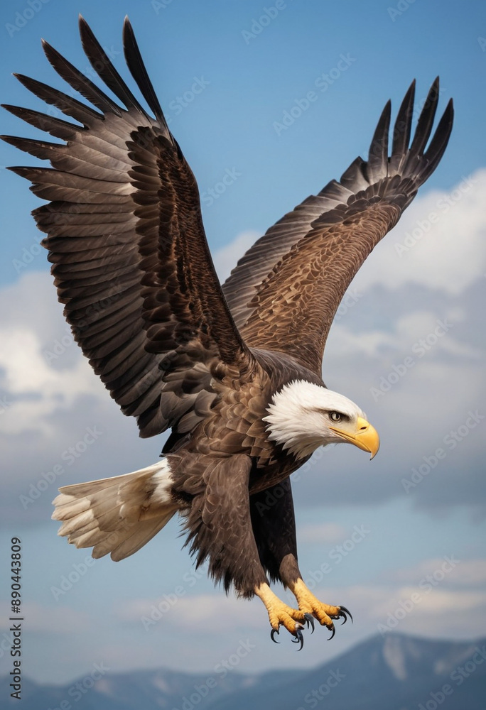 A majestic eagle soaring through the sky with a determined look. A majestic eagle soaring through the sky with a determined look.