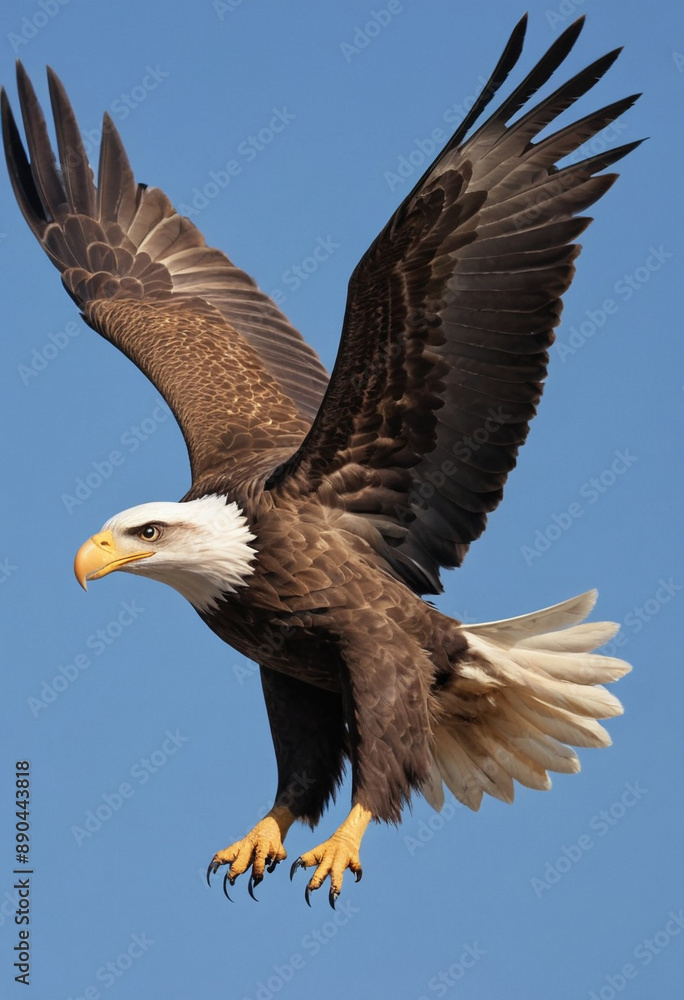  A majestic eagle soaring through the sky with a determined look. 