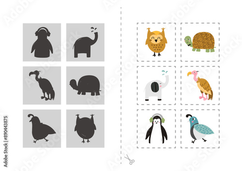 Find the correct shadow animals, educational game for kids. set of cute animals mascot. games suitable for kindergarten children, preschool, etc. cartoon vector illustration