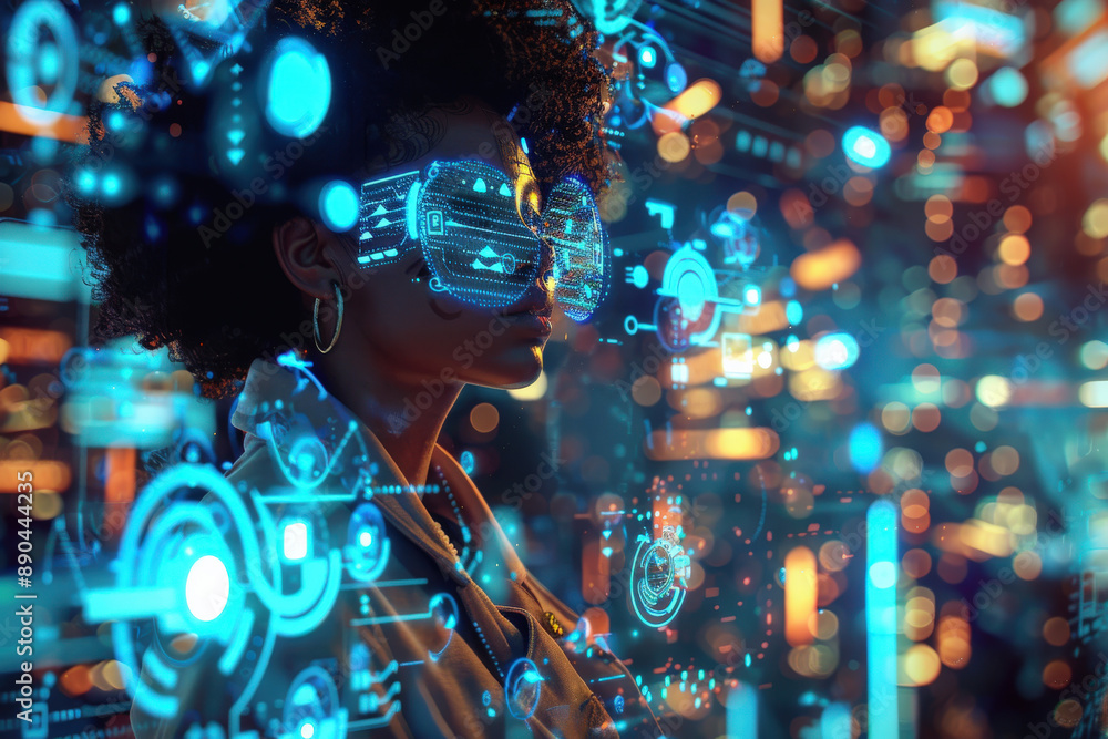 Futuristic Woman in Virtual Reality at Night Futuristic Woman in Virtual Reality at Night