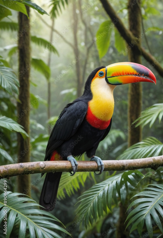A colorful toucan perched on a branch in a lush rainforest canopy. A colorful toucan perched on a branch in a lush rainforest canopy.