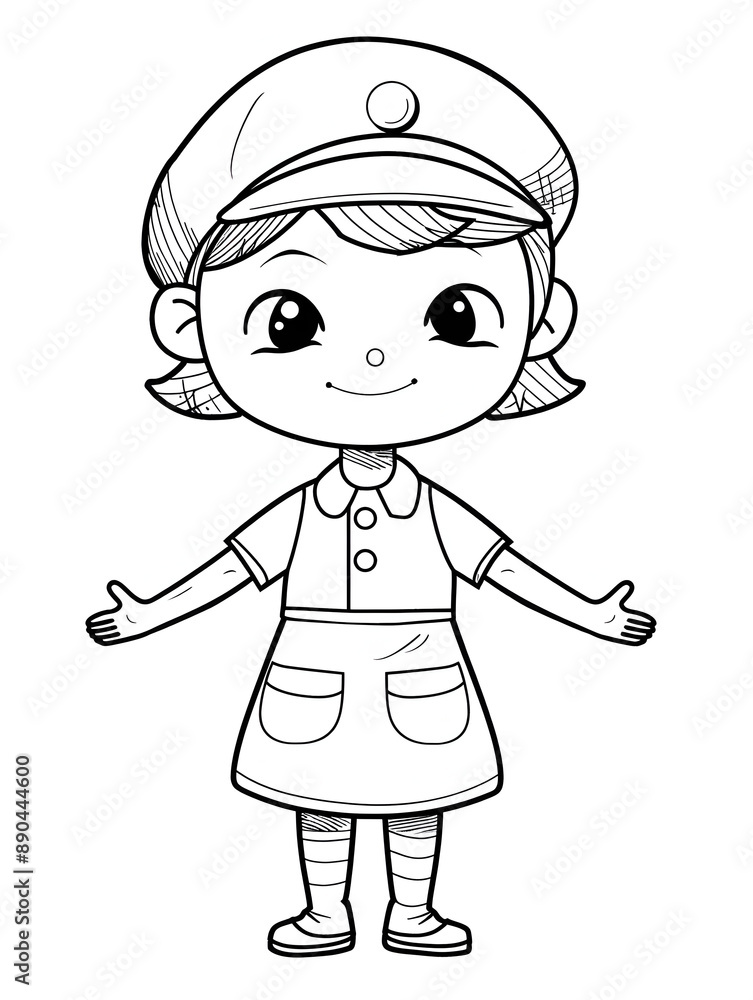 cartoon girl with a smile, wearing a cute uniform and a cap, black and white page for coloring cartoon girl with a smile, wearing a cute uniform and a cap, black and white page for coloring
