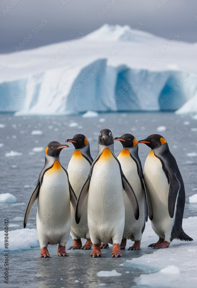 Obraz premium A family of penguins waddling across the icy Antarctic landscape. 