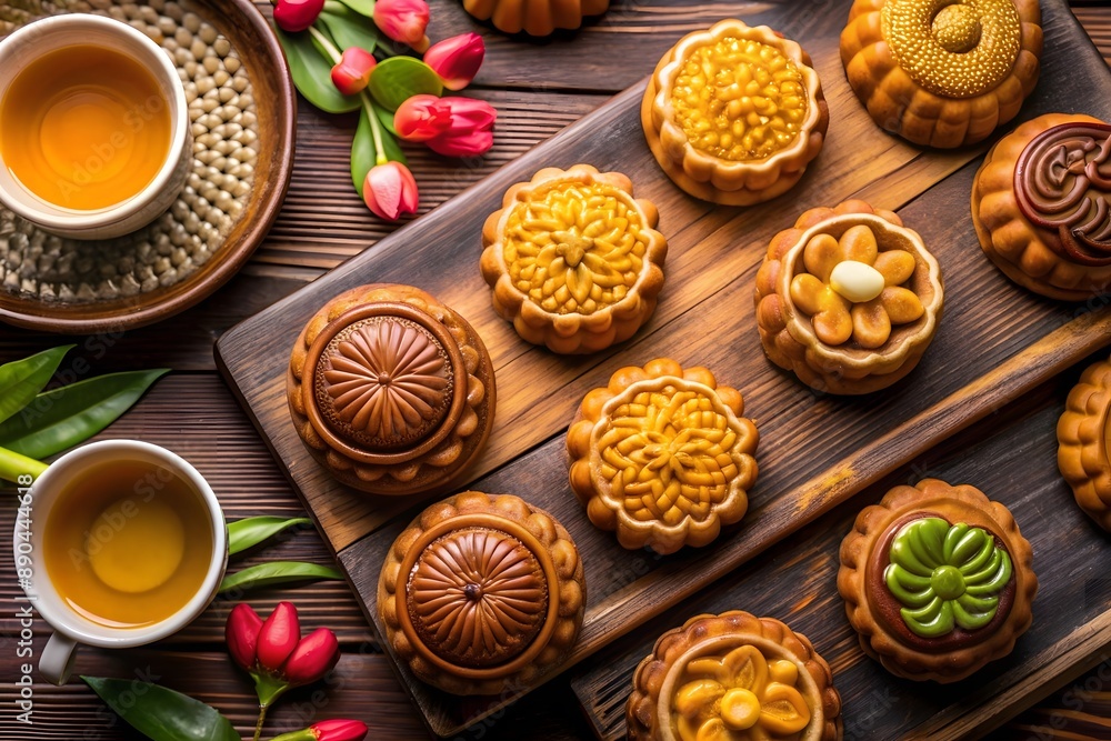 Traditional Mid-Autumn Festival Delicacies: Exquisite Mooncakes and Tea Art Presentation on a Wooden Traditional Mid-Autumn Festival Delicacies: Exquisite Mooncakes and Tea Art Presentation on a Wooden