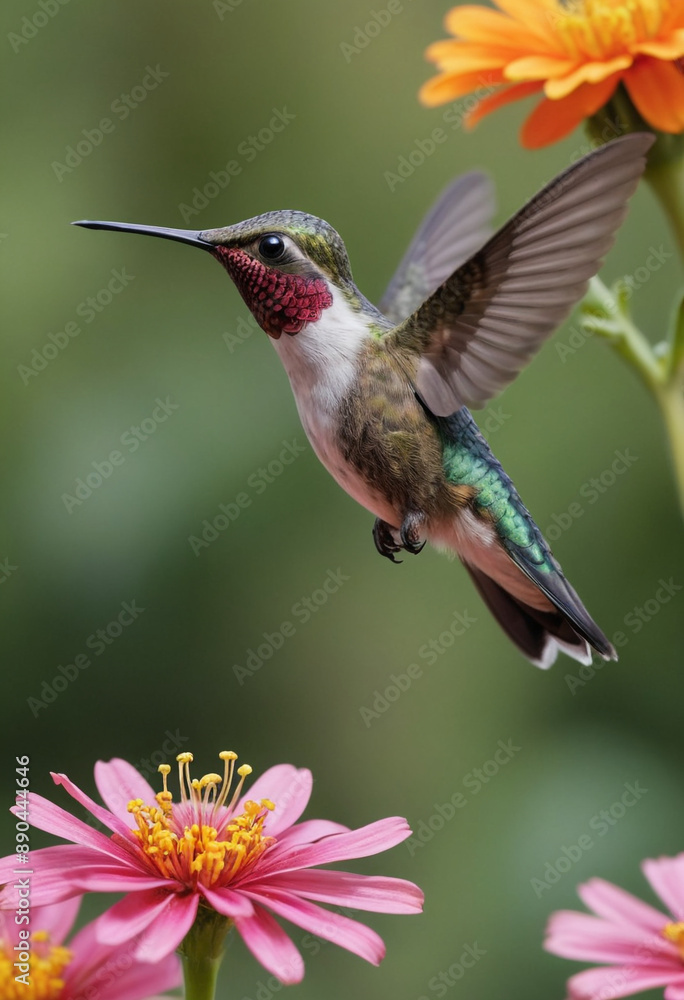 A close-up of a hummingbird hovering in mid-air, feeding from a bright flower in a garden. A close-up of a hummingbird hovering in mid-air, feeding from a bright flower in a garden.