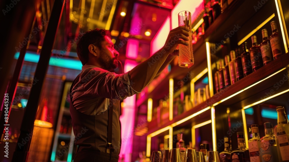 Bartender is reaching for a glass on a high shelf while mixing a cocktail in a bar with colorful neon lights Bartender is reaching for a glass on a high shelf while mixing a cocktail in a bar with colorful neon lights