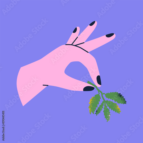 Pop art poster with hand holding a sprig of mint. Hand drawn vector illustration for card, print. Elements isolated on background.
