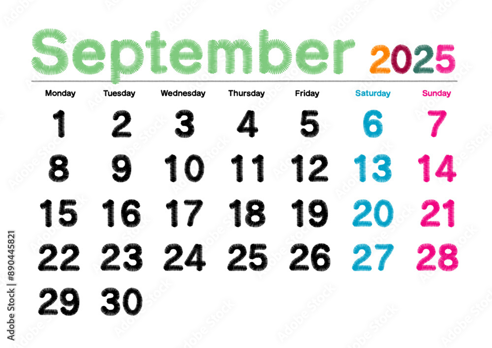 2025年9月の刺繍文字風カレンダー月曜始まり日本の祝日表記無し
2025年9月の刺繍文字風カレンダー月曜始まり日本の祝日表記無し