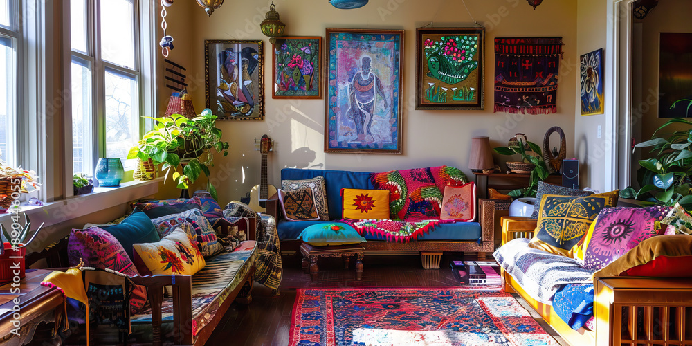Obraz premium Vibrant Global Living: Colorful artwork, patterned textiles, and international accents bring the world home in this unique living space.