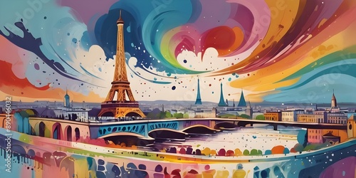 Abstract colorful painting of cityscape with tower