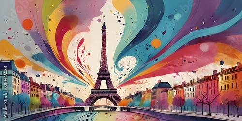 Abstract colorful painting of cityscape with tower