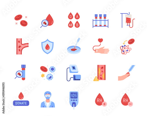 Hematology icons set. Signs with hematologist, blood type, donation, cholesterol and hemoglobin. Medical design elements for app. Flat vector illustration collection isolated on white background