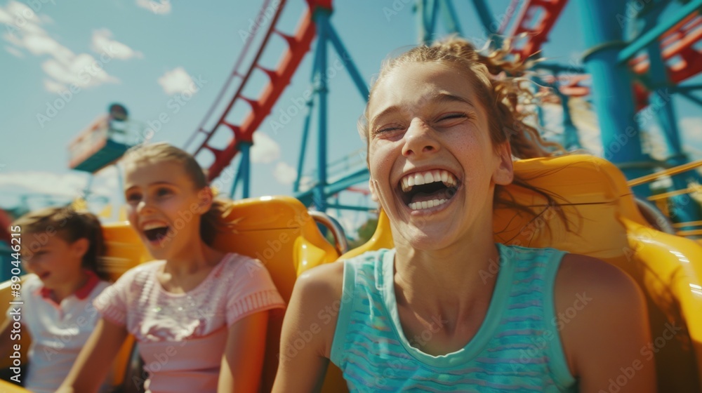 Obraz premium Young girls enjoying the thrill ride on a roller coaster,