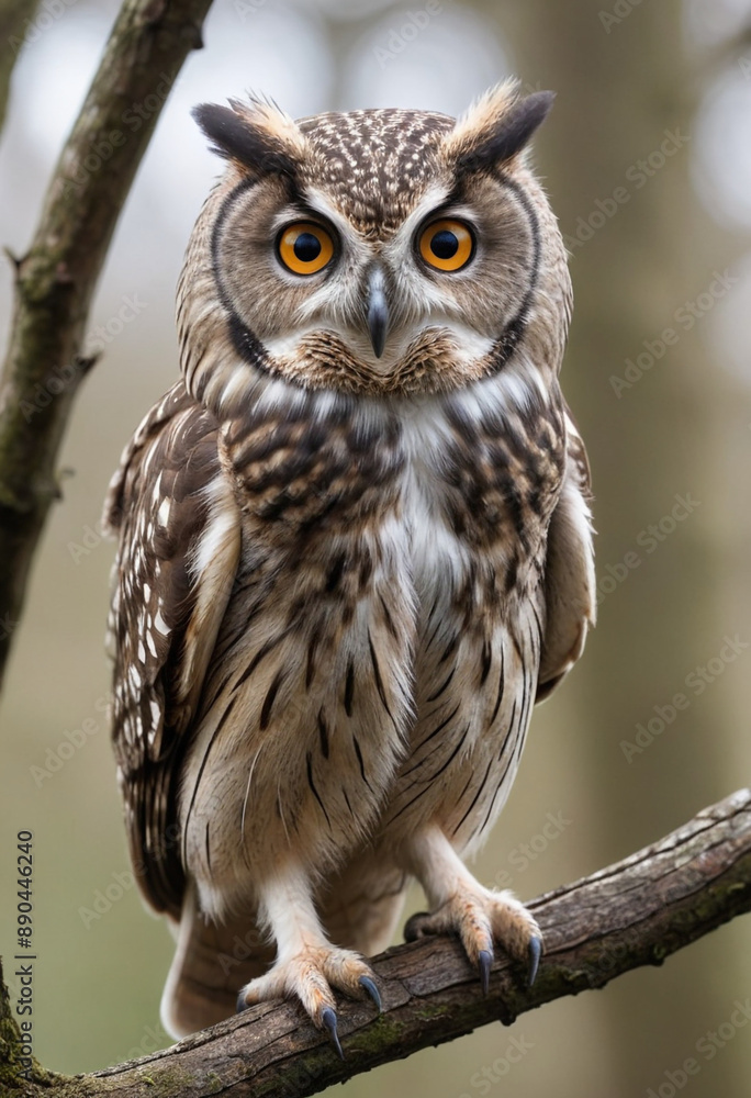 Fototapeta premium A close-up of an owl perched on a branch, with its head swiveling to listen for sounds. 