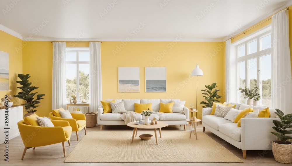 Fototapeta premium Modern comfortable living room interior with green decorative plants and sofa