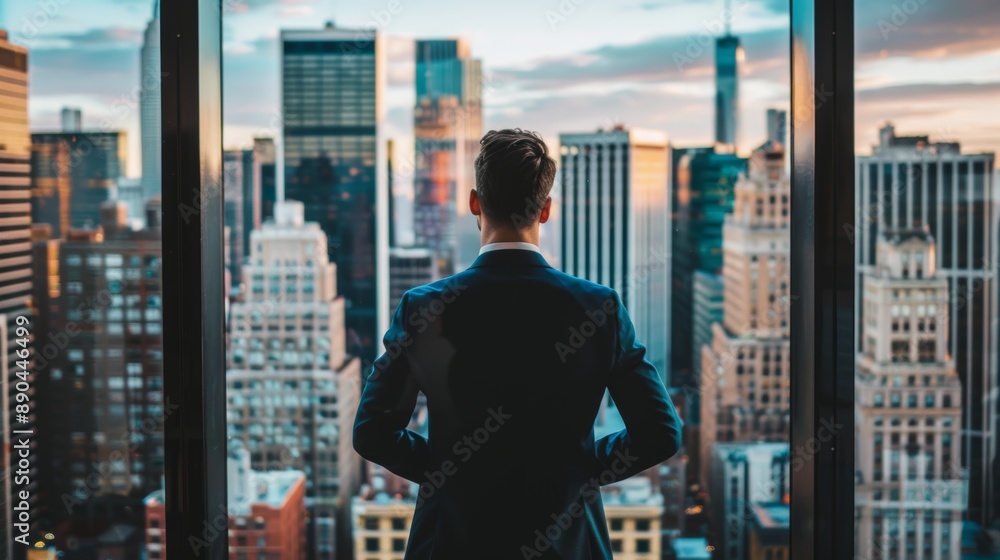 A business executive looking out of a high-rise office window at the city skyline, contemplating strategic decisions A business executive looking out of a high-rise office window at the city skyline, contemplating strategic decisions
