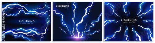 Blue lightning hit effect. Posters set with neon thunderbolt strike, powerful energy flashes and electrical discharges on dark backdrop. Realistic vector illustration collection isolated on background