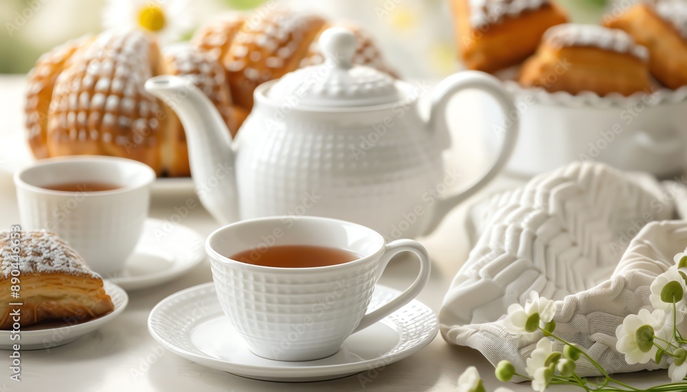Tea time setup, elegant teapot and cups with pastries