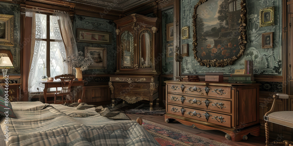 Antique Homey Haven: A restored antique dresser, ornate mirror, and oil painting adorn a charming bedroom. Antique Homey Haven: A restored antique dresser, ornate mirror, and oil painting adorn a charming bedroom.