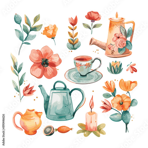 Watercolor Flowers, Teapot, Teacup, Candle, and Watering Can Clipart