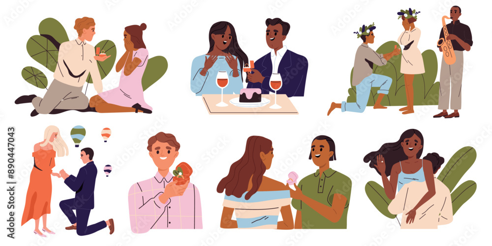 Marriage proposal. Set of scenes with happy men holding engagement ring box. Marry me and be my wife. Couples in love on romantic date. Flat vector illustration collection isolated on white background Marriage proposal. Set of scenes with happy men holding engagement ring box. Marry me and be my wife. Couples in love on romantic date. Flat vector illustration collection isolated on white background