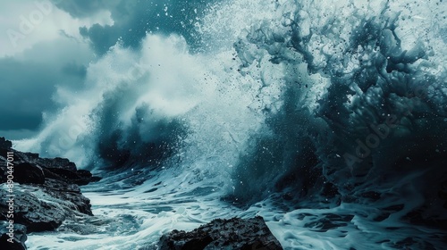 Fototapeta Naklejka Na Ścianę i Meble -  Large sea wave crashes against rocks