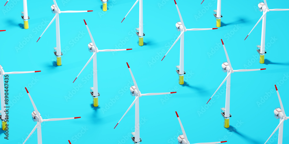 Field of wind turbines on bright blue background. Renewable energy Field of wind turbines on bright blue background. Renewable energy
