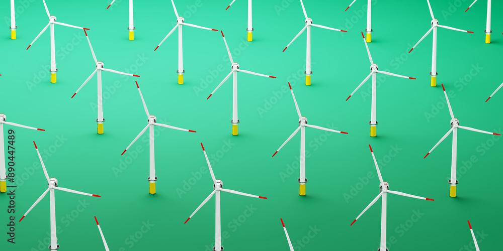 Field of wind turbines on bright green background. Renewable energy Field of wind turbines on bright green background. Renewable energy