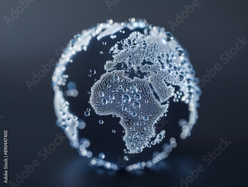 Earth made of intricate water droplets forming continents, showcasing global water unity, high-detail, dark background, bright and reflective highlights