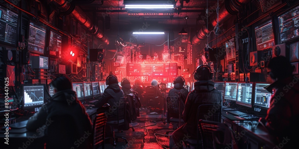 Group of hackers in a dark room, computer screens with code, intense atmosphere Group of hackers in a dark room, computer screens with code, intense atmosphere