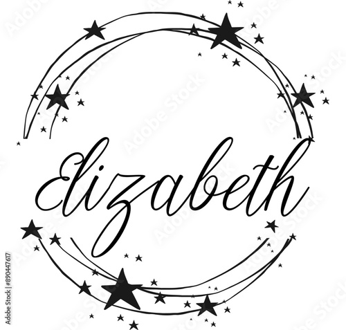 Elizabeth- nome scritto tra cerchi e stelle, logo rotondo, grafica vettoriale per feste e periodo natalizio, banner, cartoline, felpa, stampe, cricut, silhouette, sublimazione