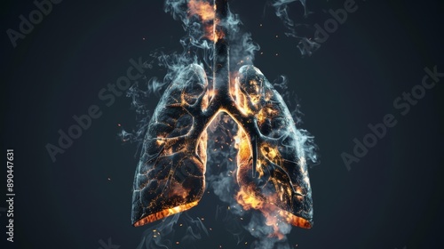 Visual of lungs turning black from smoke inhalation, with ash and soot particles in the air, photorealistic, high contrast, dramatic lighting