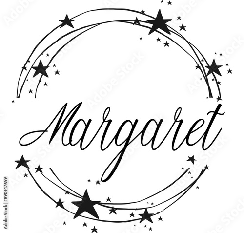 margaret - nome scritto tra cerchi e stelle, logo rotondo, grafica vettoriale per feste e periodo natalizio, banner, cartoline, felpa, stampe, cricut, silhouette, sublimazione