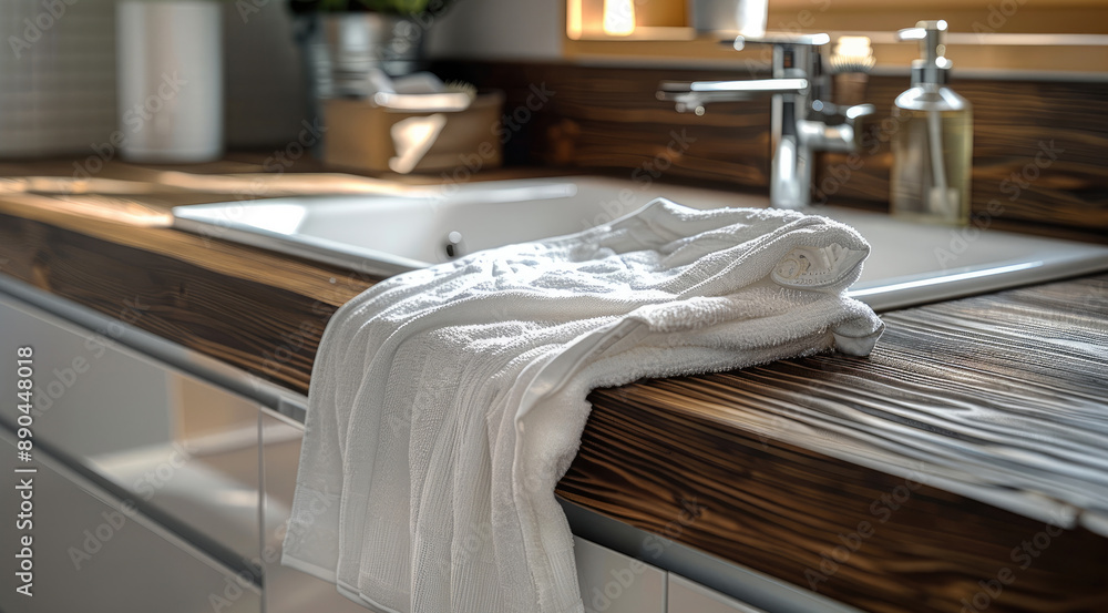 A white cloth on the washing machine, on top of an elegant wooden countertop with a modern sink and faucet in front of it. Generative AI. A white cloth on the washing machine, on top of an elegant wooden countertop with a modern sink and faucet in front of it. Generative AI.