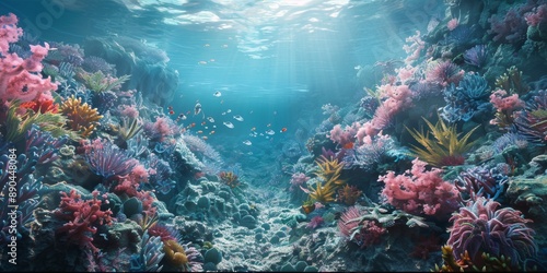 Vibrant 3D Underwater Seascape with Clay Coral Reef: Abstract Ocean Environment for Marine Conservation Awareness. Artificial Intelligence Generated Design Highlighting Aquatic Biodiversity and Ecosys photo