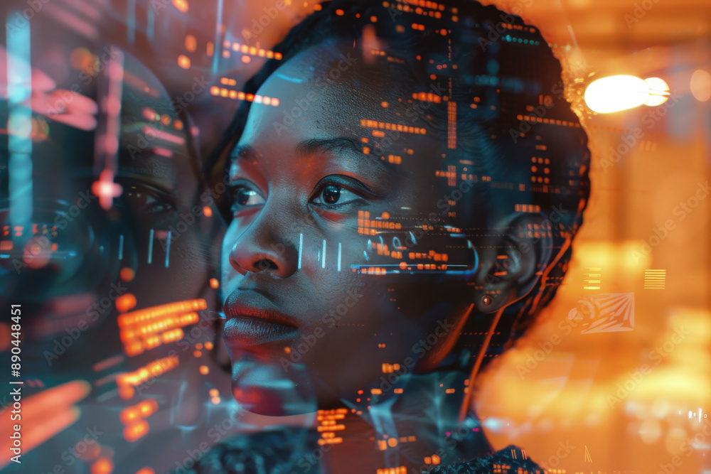 Futuristic Evening Reflections: Woman and Digital Interface Futuristic Evening Reflections: Woman and Digital Interface